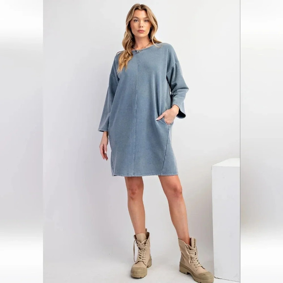 New Easel Blue Mineral Washed Terry Knit Dress - Picture 6 of 6